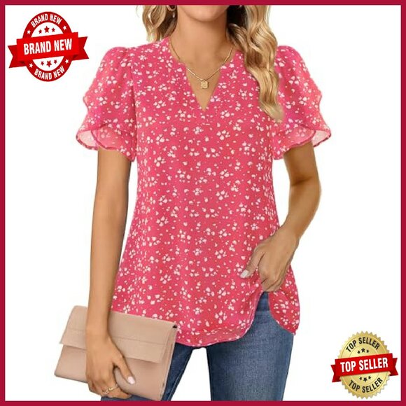 Chiffon Blouse Petal Sleeve V Neck Work Casual Summer Top - Picture 5 of 7